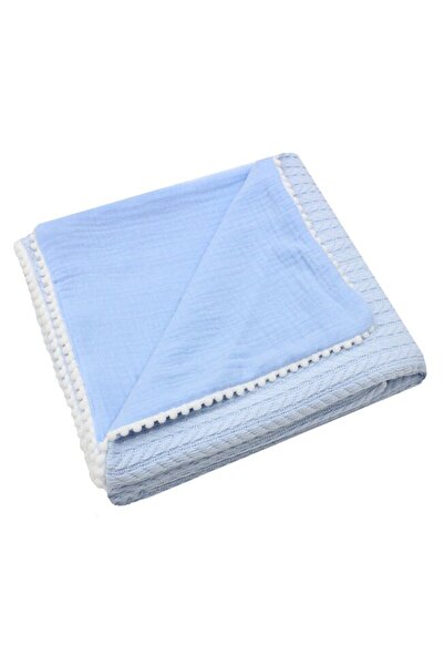 PRICHINDEL Knitted Anna Blanket with Tassels, Muslin Reverse, 80x100 cm, Blue