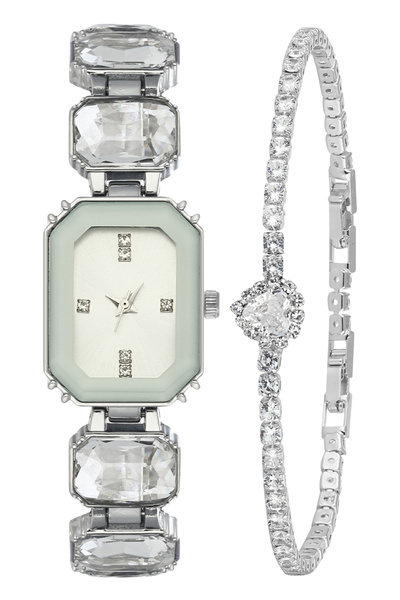 Forentina Beyaz Taşlı Gri Kol Saati-Taşlı Kalpli Bileklik PS4124