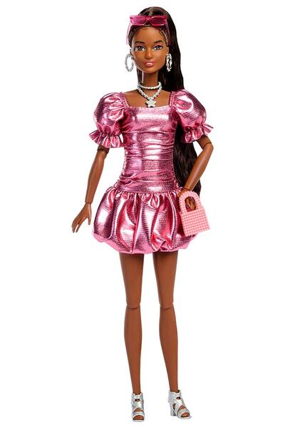 Barbie Deluxe Style Doll #6 - Metallic Coral Pink Dress, Black Hair Ponytail, Sunglasses & Handbag