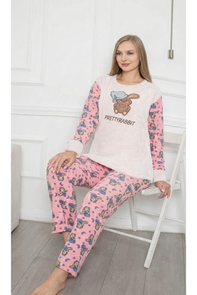 Carmen Kadın Pembe Desenli Kışlık Polar Pijama Takımı