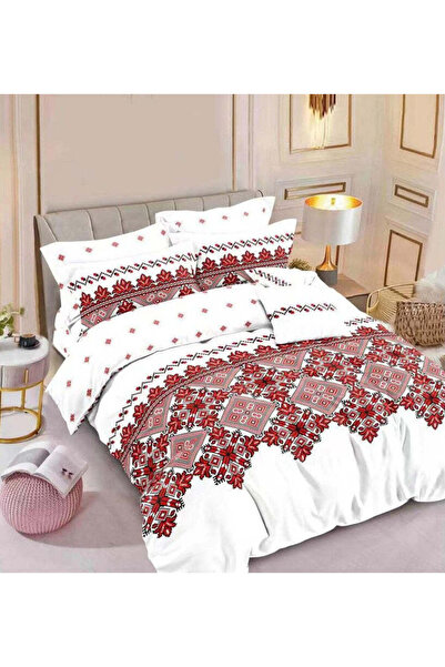 trendyhome Elastic Finet Cotton Bed Linen 6 Pieces, Traditional Pattern, White-Red, T198