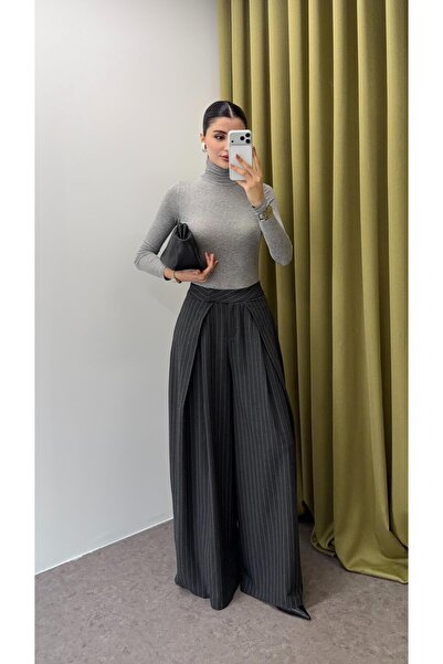 HAZELANNA بنطلون من القماش الياباني المخطط باللون الأنثراسيت