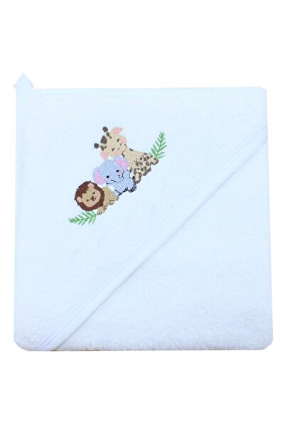 PRICHINDEL Prosop cu glugă , bumbac, Leul și prietenii, alb, 80 x 100 cm