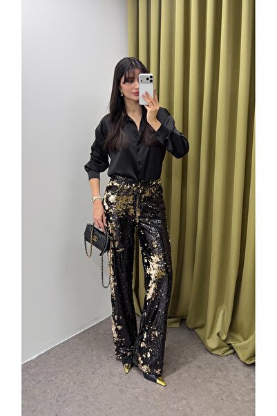 HAZELANNA بنطلون ثلاثي الأبعاد مزين بالترتر