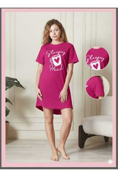 sevateks Tunik Relax Kalıp Gecelik Ev Giyimi Önü Baskılı, Eteği Oval, Uzun ti...