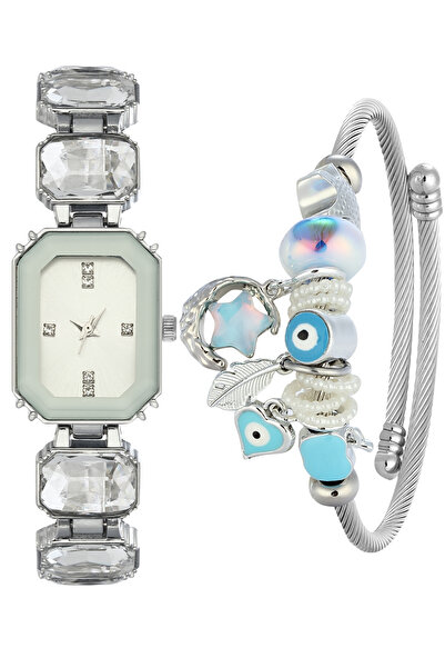 Forentina Beyaz Taşlı Kol Saati-Nazar Boncuklu Charm Bileklik Set PS4201