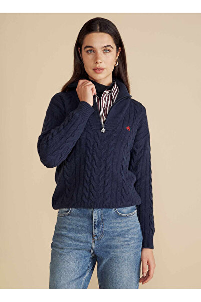 BROOKS BROTHERS Bato Yaka Standart Örgü Desenli Lacivert Kazak Kadın Bato Yaka Saç Örgü Yün Kazak