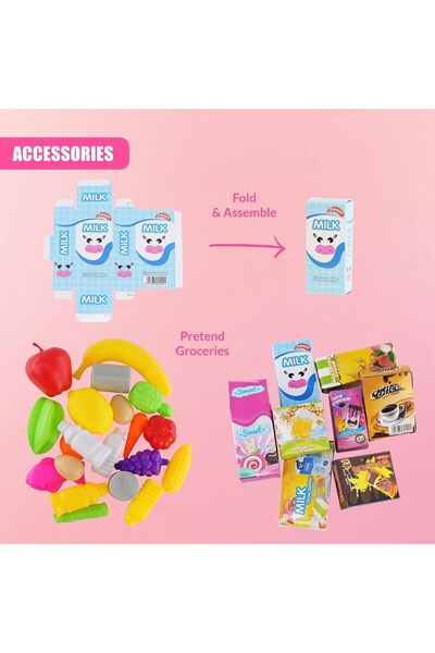 The Toys Home 3-in-1 Shopping Cart Play Set – 56-Piece Pretend Grocery Cart (Pink)