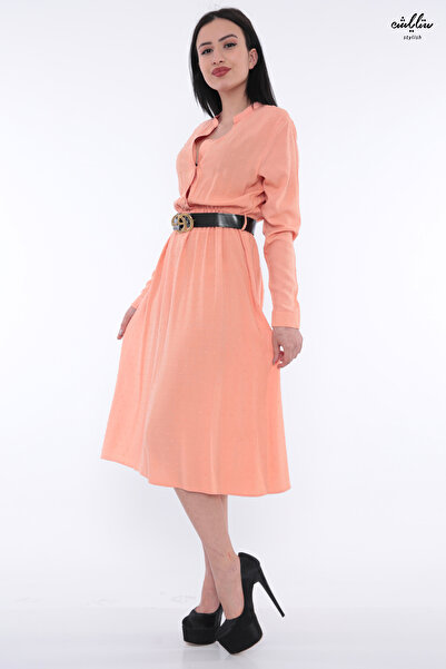 Stylish فستان ميدي غاية في الأناقة بكم طويل وبلون برتقالي فاتح مزين بحزام من ...