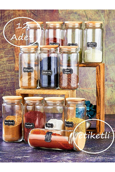 Tasarım Evi Labeled 12 Pieces 500 Ml Glass Spice Jar Set with Wooden Lids