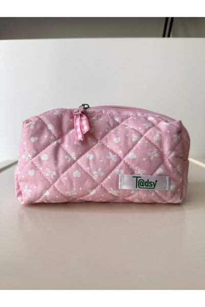 Tadsy Pink Ribbon Patterned 100% Cotton Pencil Bag |   19X9X6 cm |