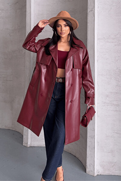 giyimmasalı Faux Leather Double-Breasted Belted Trench Coat - Bordo