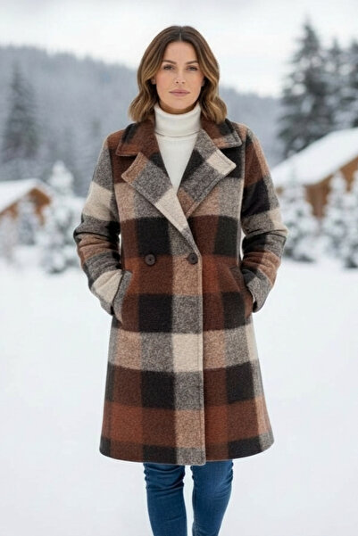 OEM Women's winter wool coat, brown beige plaid