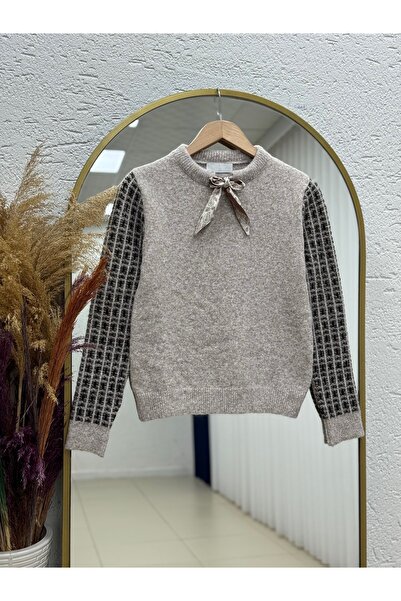 MİHRA STORE Ceren Kolları Plaid Patterned Scarf Knitwear Sweater-Kr5070 Stone