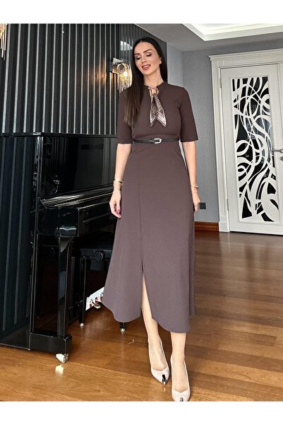 Atelier Derin Rochie maro cu curea și eșarfă