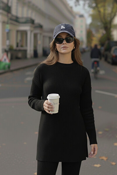 DELBİN أسود - طقم تونيك وبنطلون نسائي ياقة مرتفعة متوسطة الطول قماش مجدّل