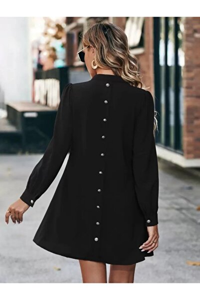 JANES Women's Long Sleeve V-Neck Back Button Mini Imported Crepe Dress