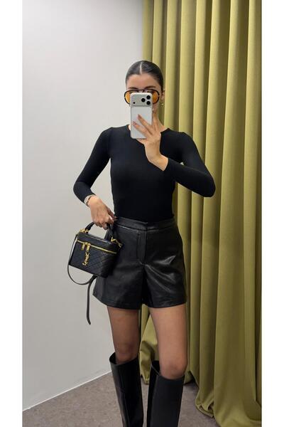 HAZELANNA Black Leather Shorts