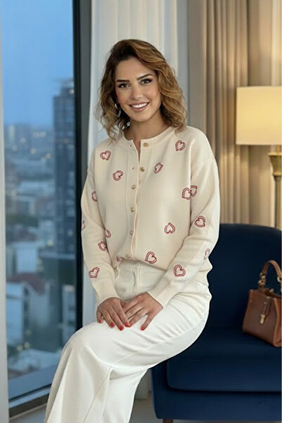 Nevin Kaya Moda Cream Color Heart Cardigan