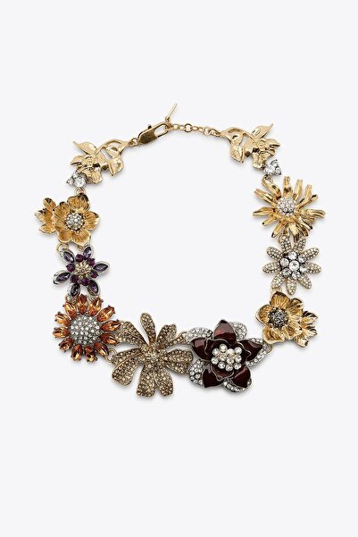 New Obsessions Brand Jewelry Necklace Decorated with Flowers, Rhinestones and Glitter