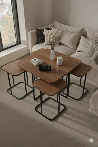 Samogu Kare Pizza Orta Sehpa Radüslü 4+1 Ahşap Yüzey