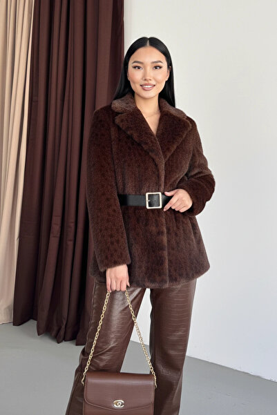 cemo Leopar Desenli Kürk Görünümlü Geniş Yakalı Kemerli Mont