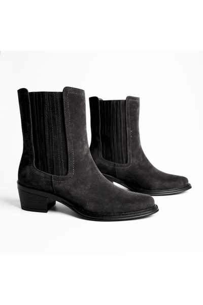 NE&VE SHOES Siyah Süet Hakiki Deri İki Yandan Lastikli Kadın Western Bot