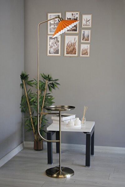 Bamyum Avilla Turuncu Hareketli Başlık Eskitme Gövde Lambader Tepsili Dekoratif Metal Zemin Lambası