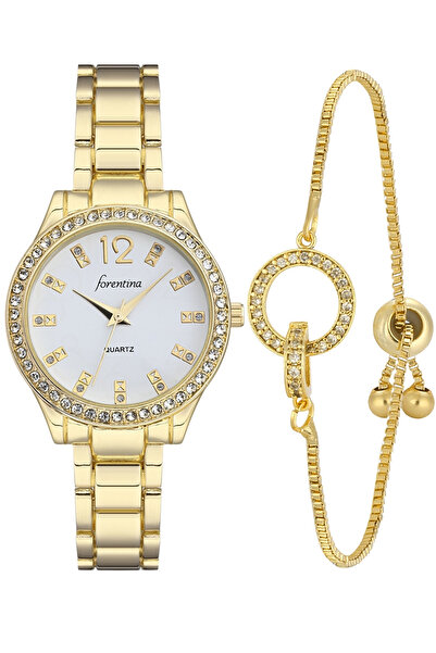 Forentina Gold Renk Metal Kol Saati-Taşlı Halka Model Asansör Bileklik PS4133