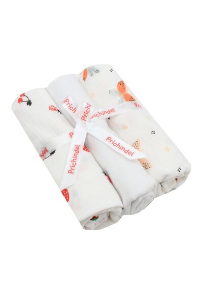 PRICHINDEL Set of 3 diapers, strawberries and butterflies, muslin and finet, ...