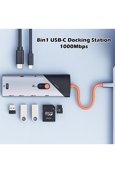 Coverzone 8in1 USB-C Çoklu Hub 4K HDMI 1000Mbps Ethernet USB 3.0 90W PD SD TF Kart Okuyucu ZR1146