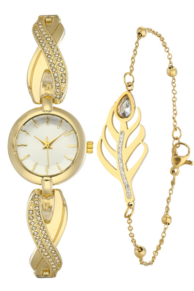 Forentina Taşlı Kol Saati-Yaprak Model Bileklik Kombin Set PS4149