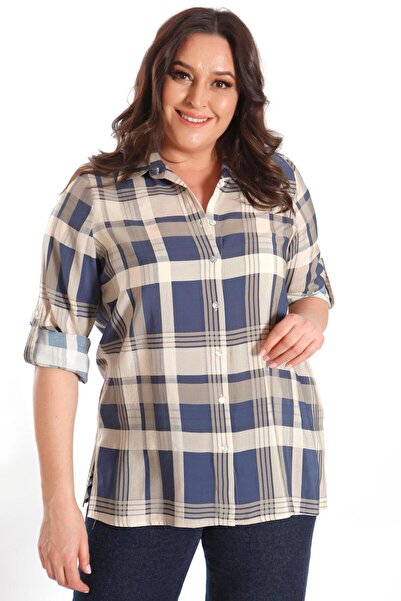 Trend42plus Plus Size Plaid Patterned Indigo Shirt