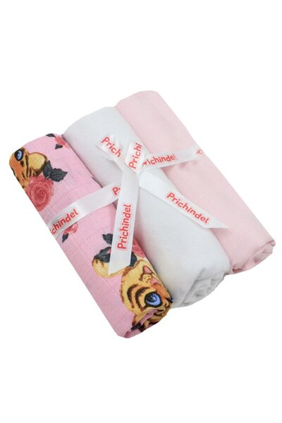 PRICHINDEL Set de 3 scutece din pânză, Little Tiger Pink, muselină și flanel ...