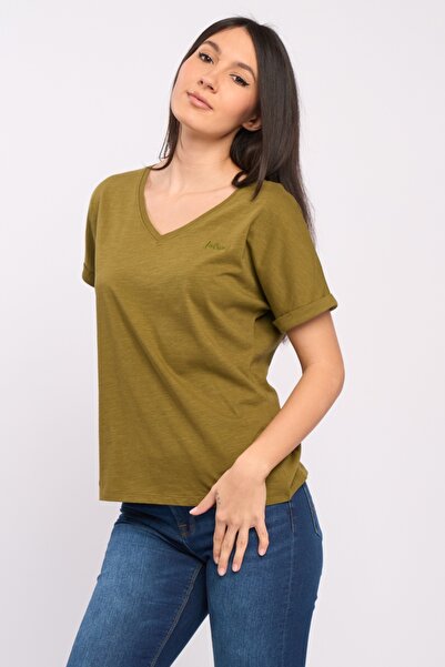 Lee Cooper Tricou dama maneca scurta cu logo si decolteu in V