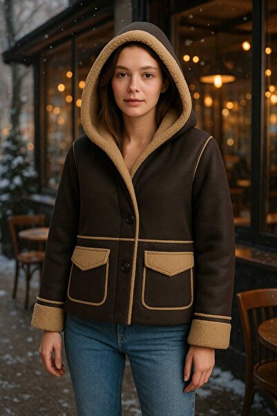ayriss Kadın Koyu Kahverengli Shearling Görünümlü Kürklü Şerit Detaylı Kısa Mont