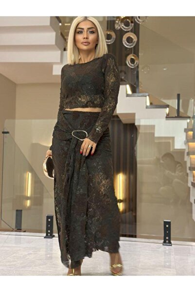 Kokoşum Butik 220607 Flock Print Skirt Blouse Set Brown