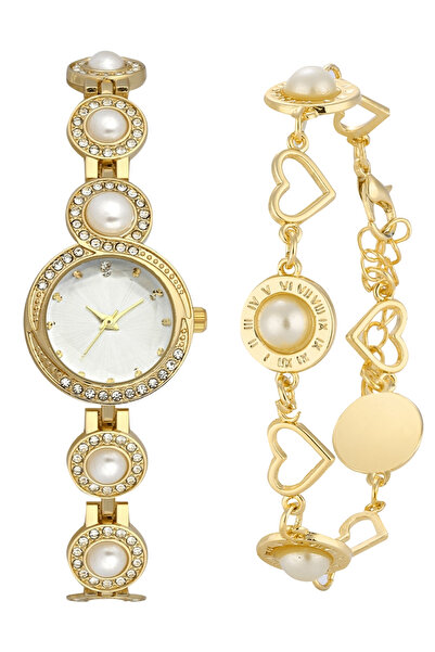 Forentina Gold Renk İncili Kol Saati-İnci Model Bileklik Set PS4130