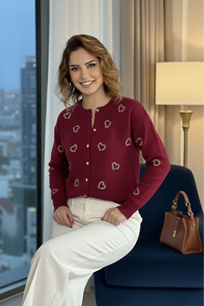 Nevin Kaya Moda Burgundy Heart Cardigan