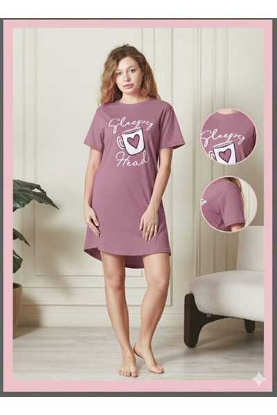 sevateks Tunik Relax Kalıp Gecelik Ev Giyimi Önü Baskılı, Eteği Oval, Uzun ti...