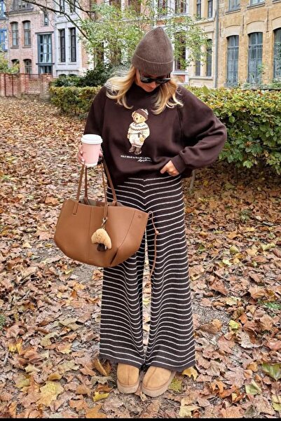 Seeh Brown Striped Wide Leg Knit Pants Sh329