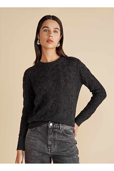 BROOKS BROTHERS Bisiklet Yaka Standart Saç Örgü Desenli Siyah Kazak Kadın Bis...