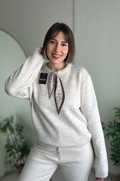 Kubos Moda guler rotund Pulover tricot bej cu eșarfă