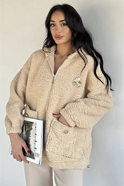 DİLARA GİYİM Kapüşonlu Gold Toka Detaylı Çift Cepli Peluş Ceket