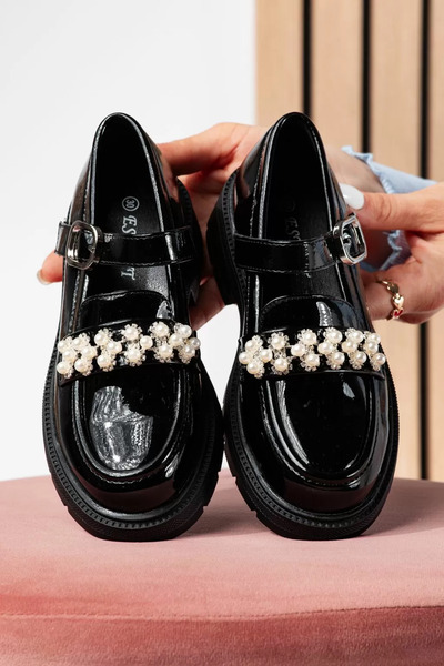 Zaira Pantofi casual copii negri din piele ecologica lacuita Aliya #21269 - 35