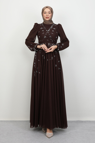 Lamia Giyim Şirin Tül Abiye Acı Kahve