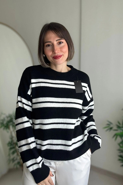 Kubos Moda طاقم الرقبة مخطط سترة تريكو سوداء