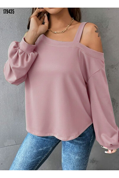 Viyamo Kadın Uzun Kollu Tek Omuz Askı Detay Salaş Viskon Iki Iplik Bluz
