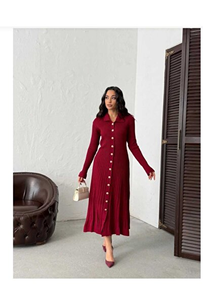 Sfg Life Moda Cămașă de damă cu guler elegant, cu nasturi aurii și rochie cămașă lungă din tricot material reiat