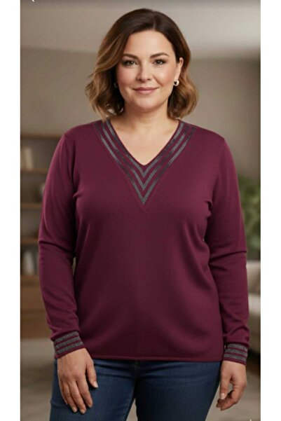 ULUBAŞ Long Sleeve V-Necklace with Embroidered Clover Tricot Bluse